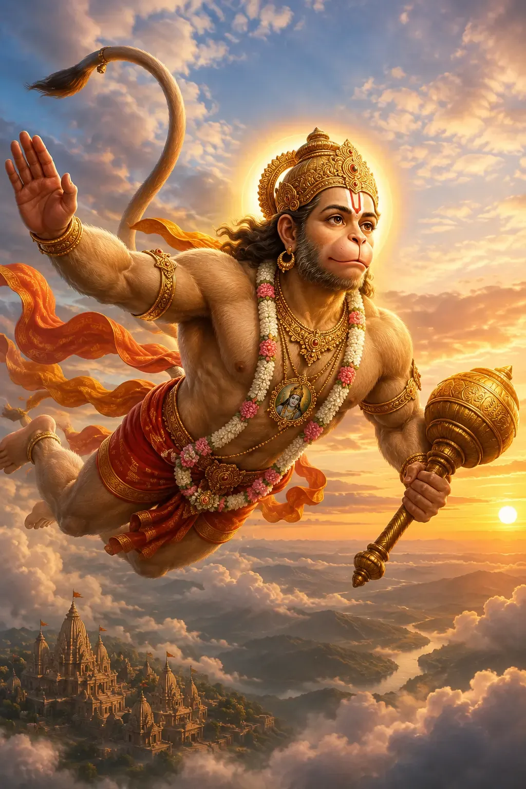 Hanuman in flight through clouds carrying his gada, temples and hills far below in evening light