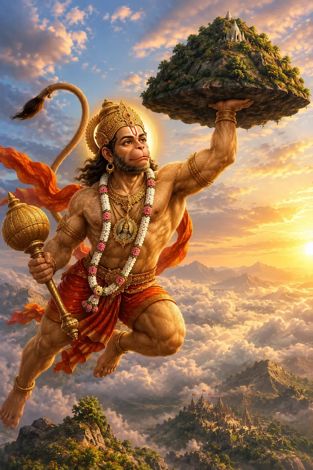 Hanuman flying while holding the Dronagiri mountain aloft in one hand and his gada in the other