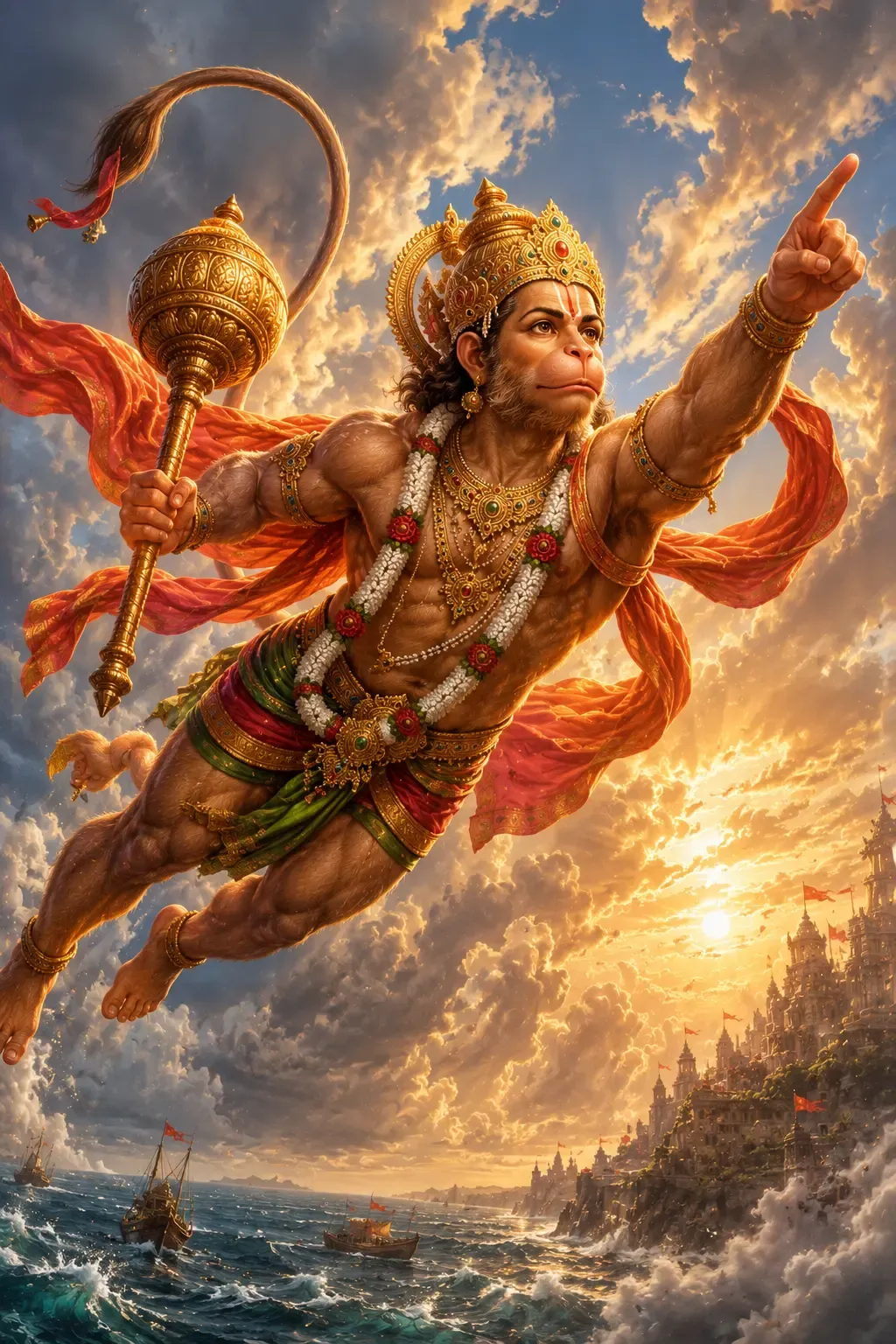 Hanuman flying above a coastline at sunrise with his gada raised behind him